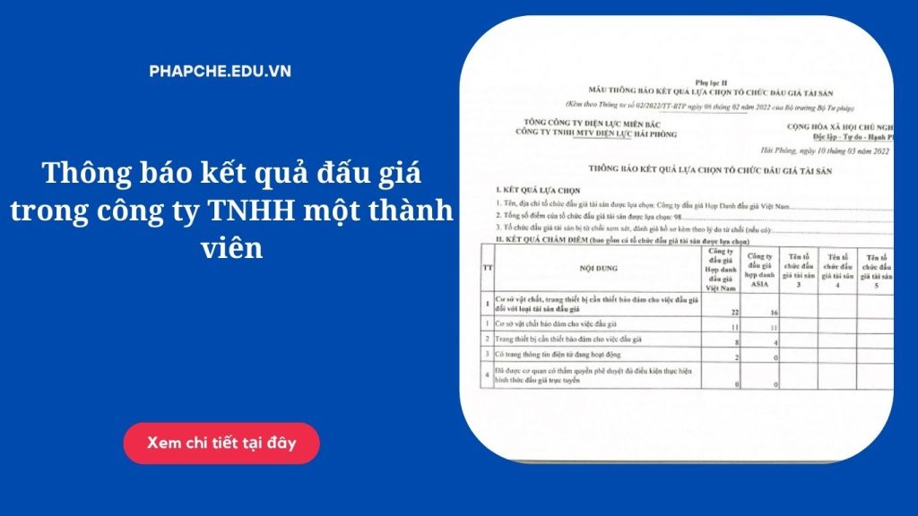Thông báo kết quả đấu giá trong công ty TNHH một thành viên