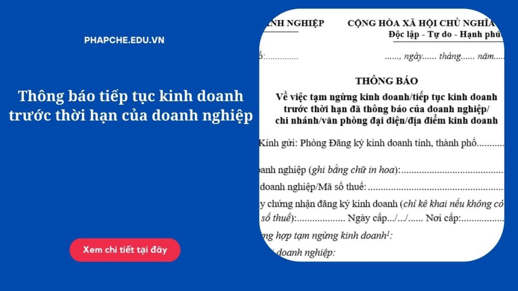 Thông báo tiếp tục kinh doanh trước thời hạn của doanh nghiệp