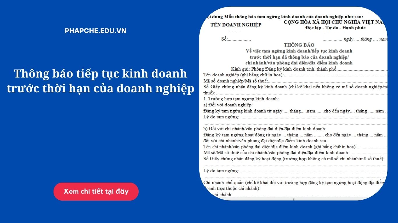 Thông báo tiếp tục kinh doanh trước thời hạn của doanh nghiệp