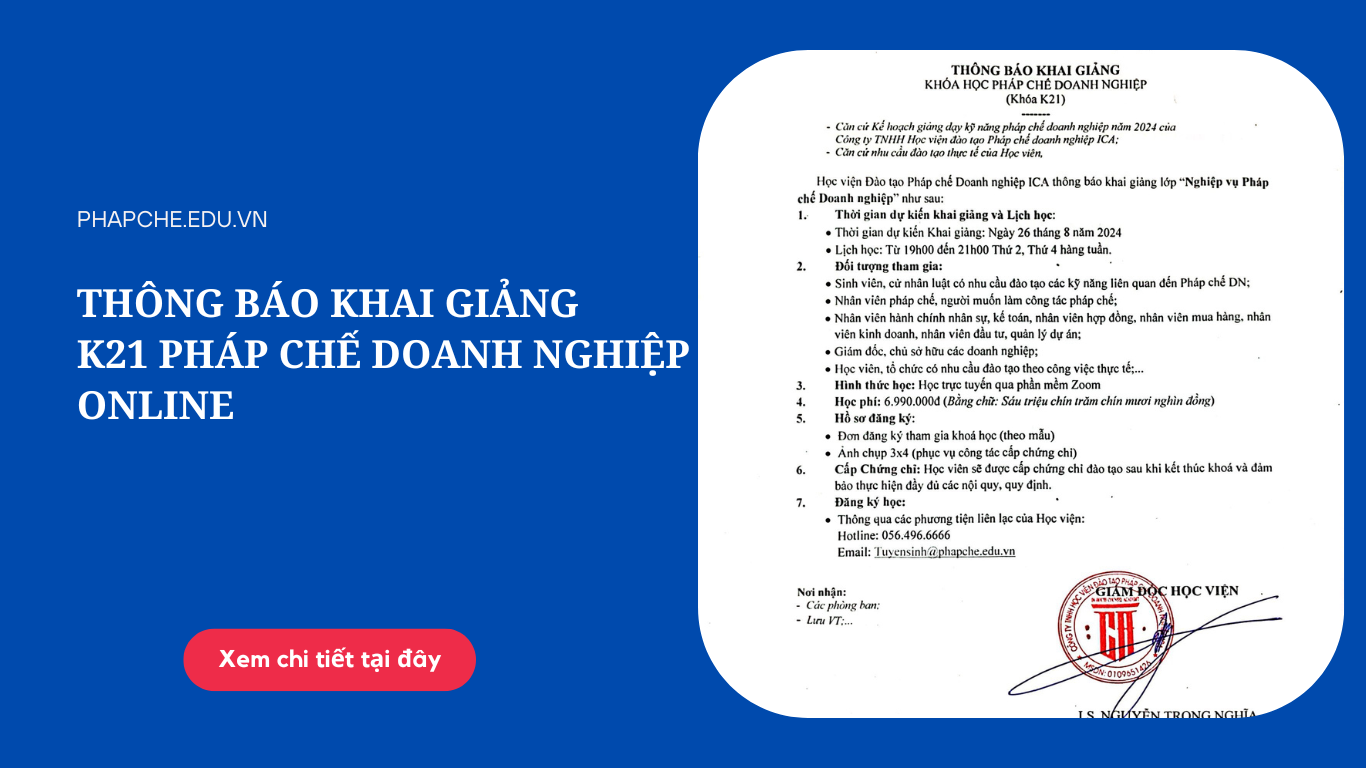 Thông báo khai giảng lớp Pháp chế doanh nghiệp K21 Online