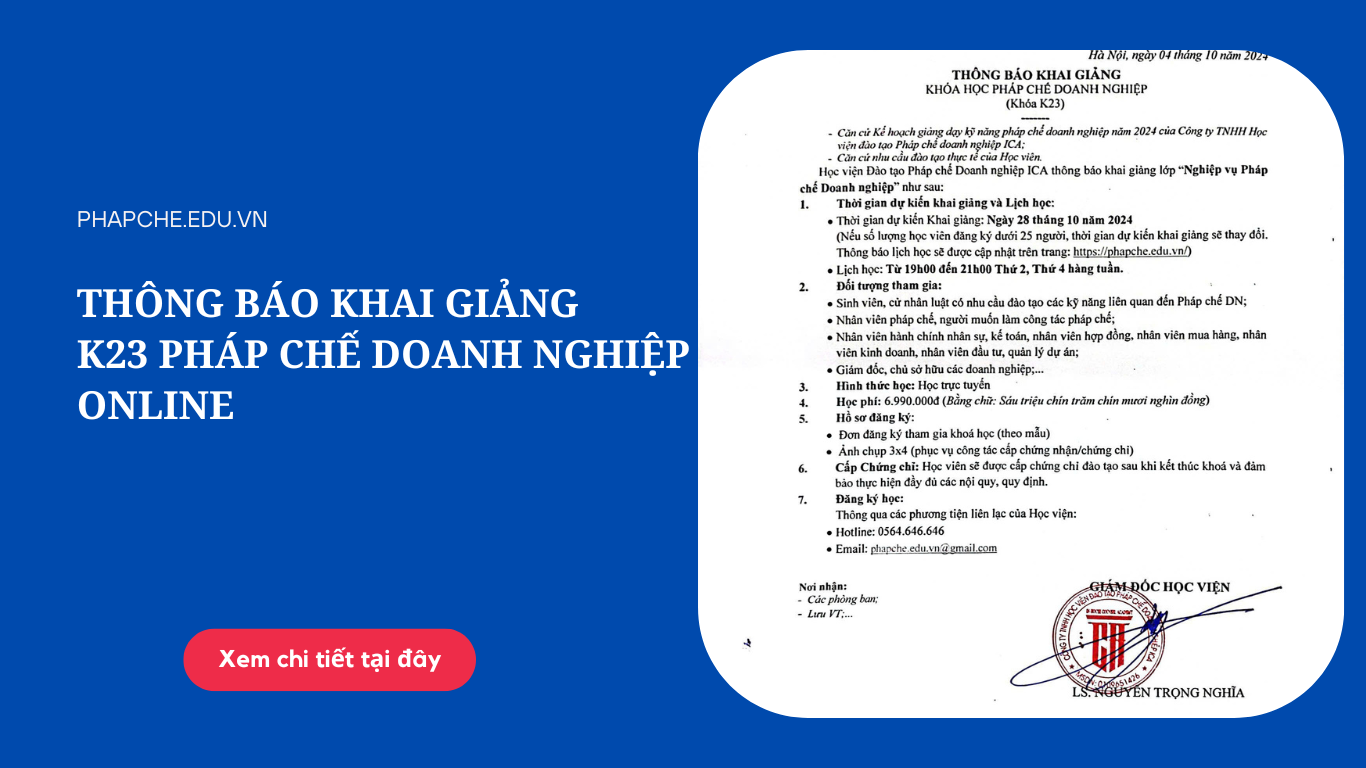 Thông báo khai giảng lớp Pháp chế doanh nghiệp K23 Online