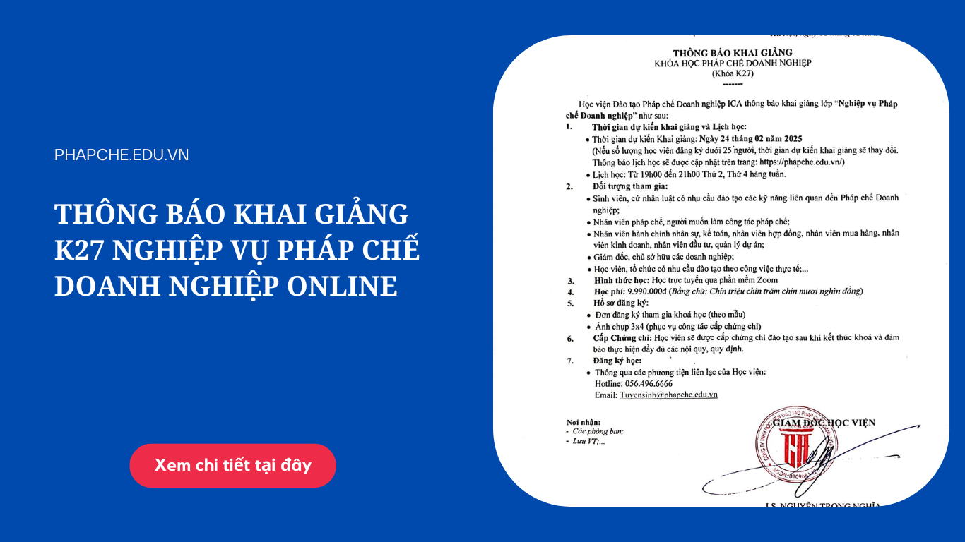 Thông báo khai giảng lớp Pháp chế doanh nghiệp K27 Online