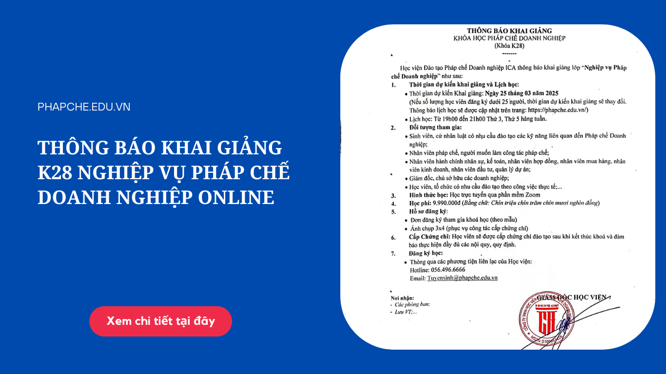 Thông báo khai giảng lớp Pháp chế doanh nghiệp K28 Online