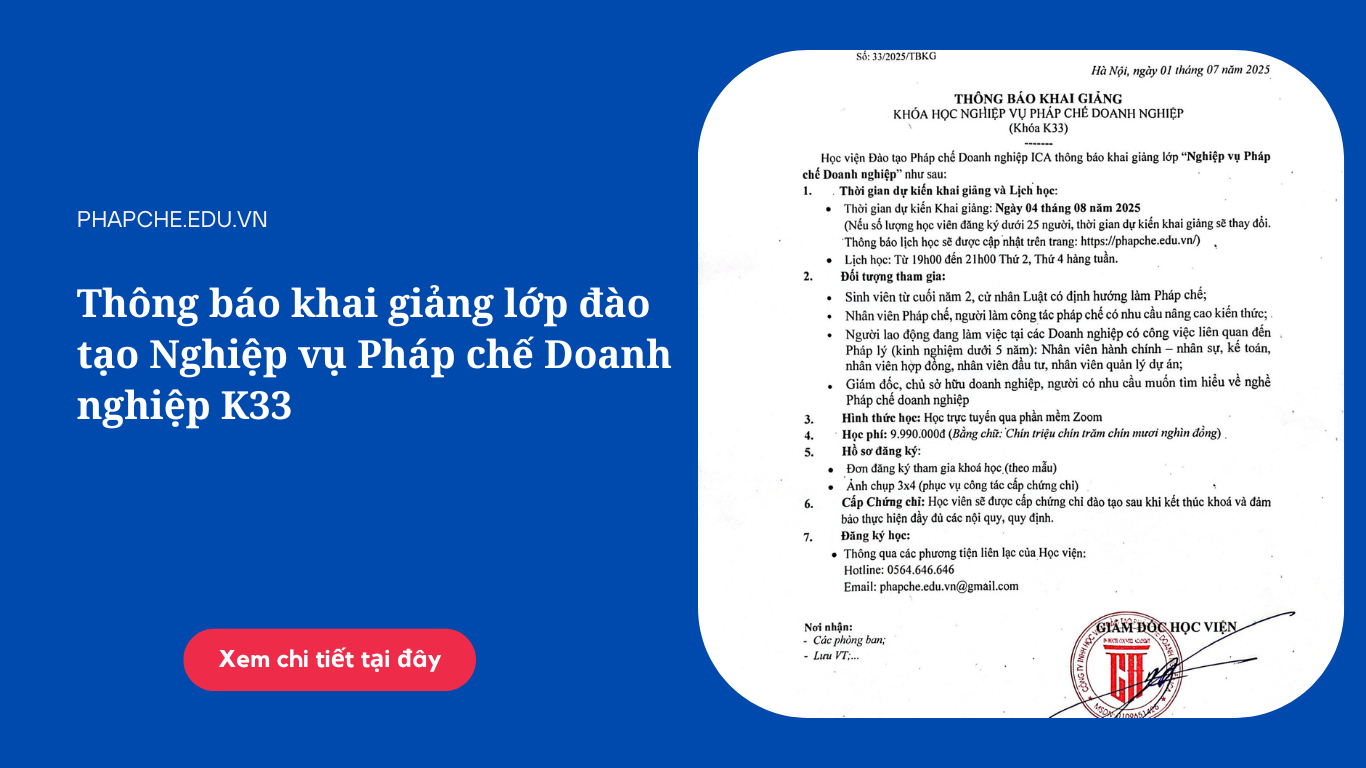 Thông báo khai giảng lớp Pháp chế doanh nghiệp K33 Online