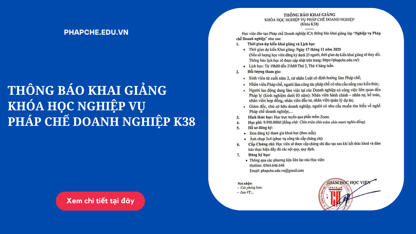 Thông báo khai giảng lớp Pháp chế doanh nghiệp K38 Online